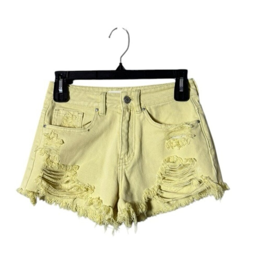 Pacsun Womens Mom Jean Shorts 23 Beachy Distressed Yellow Festival Bohemian